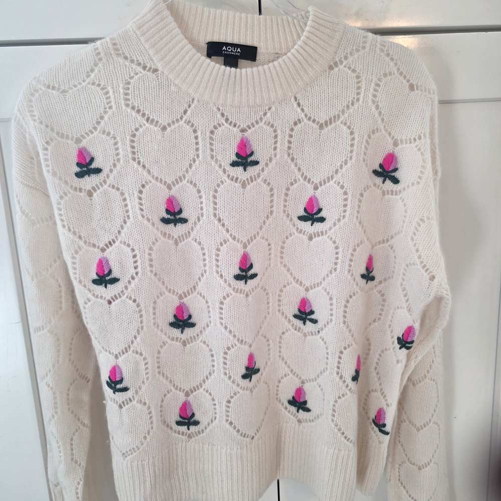 Aqua White Sweater with Pink and Green Floral Pattern